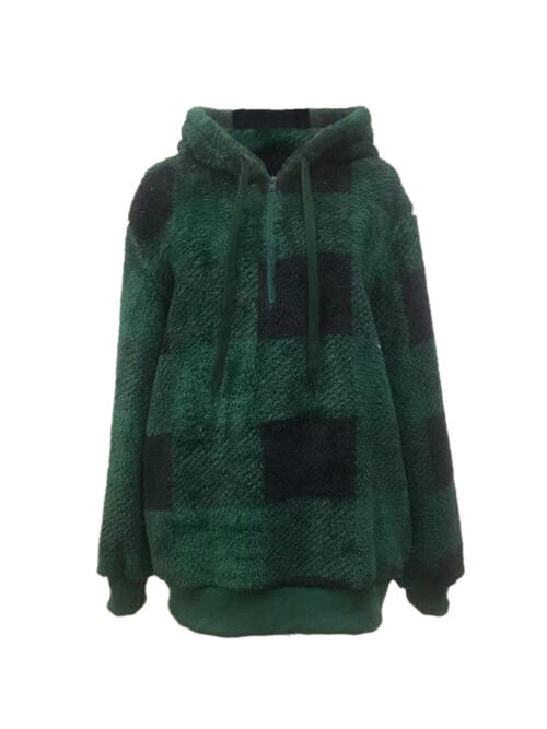 Plaid Half Zip Drawstring Hoodie