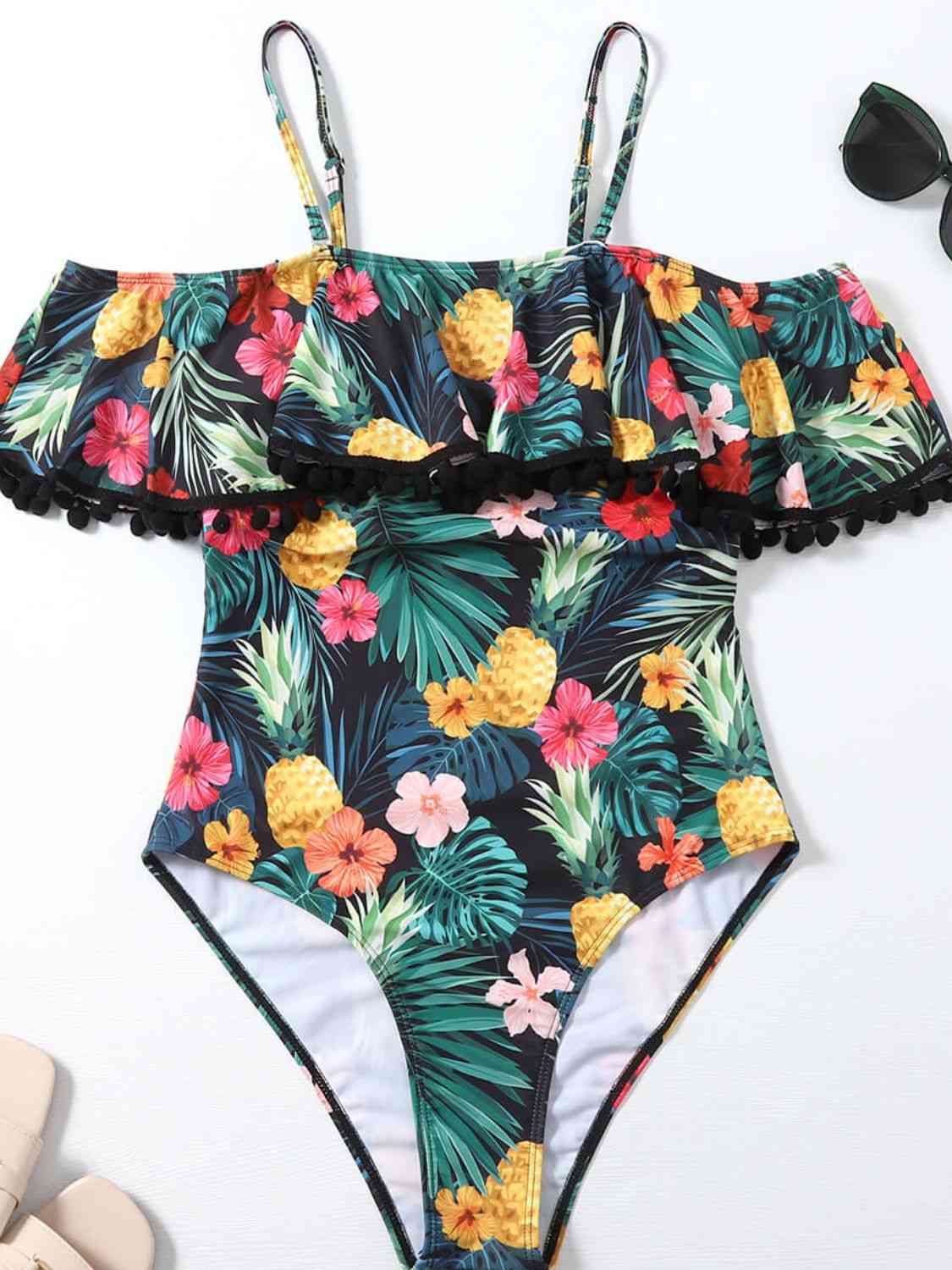 Botanical Print Cold-Shoulder One-Piece Swimsuit