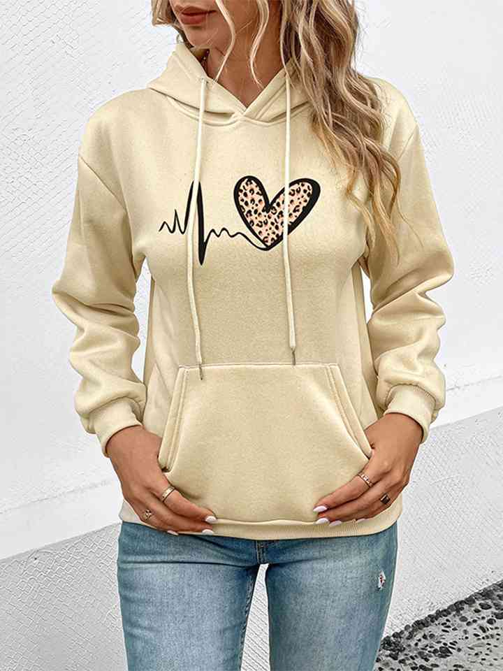 Dropped Shoulder Front Pocket Heart Graphic Hoodie